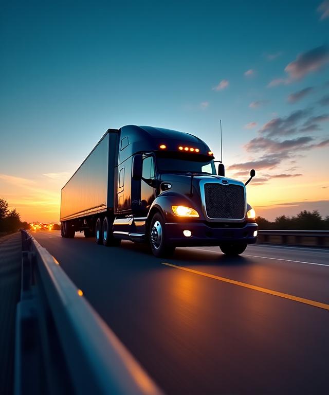 A modern freight truck in motion on a highway at dusk